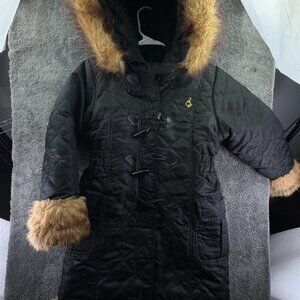 BABY Phat Coat Faux Fur Hood Trim Large Black Full Zip Down Fill Jacket Quilted